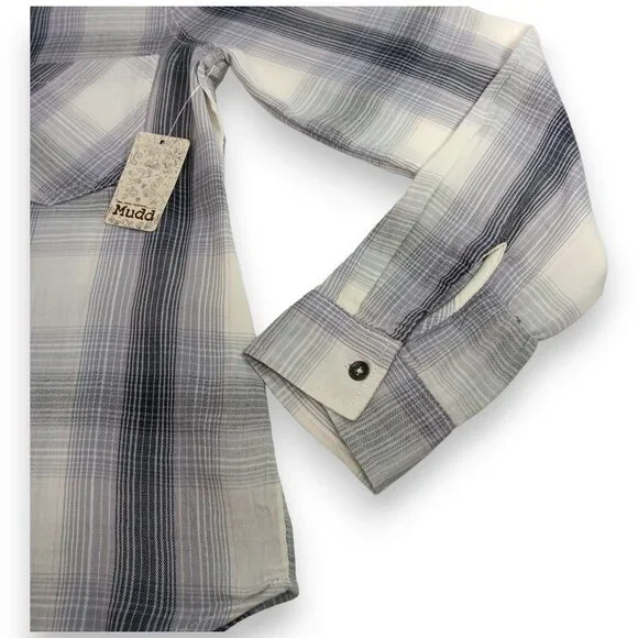 MUDD-Women's-Plaid-Gray-Black-Pink-SMALL-pullover-V Neck-Long Sleeve-Pockets - Picture 10 of 16